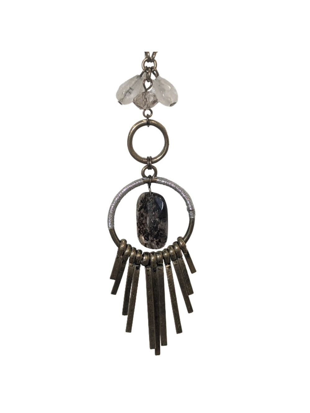 Modern Boho Artisan Fringe Pendant Necklace Stone Metal Silver Wrap Detail